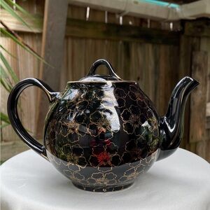 Hall Vintage Teapot Black & Gold Trim Floral